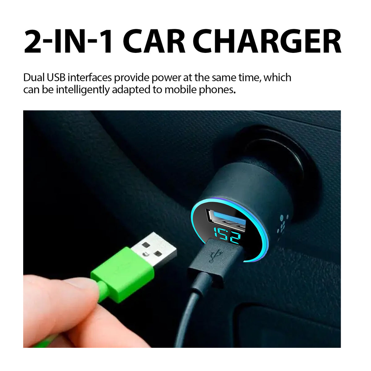 2-in-1 Car Charger with Dual USB Digital Display Accessory
