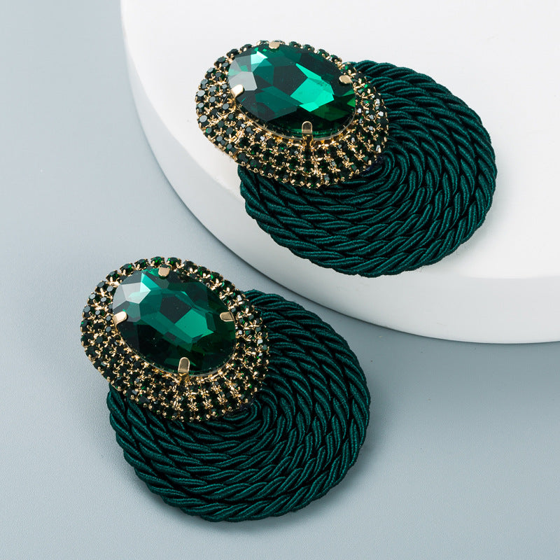 Statement Oval Crystal Earrings | Braided Jewel-Tone