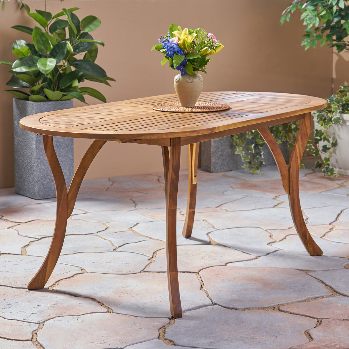Oval Acacia Wood Patio Dining Table, 70-Inch Teak Finish