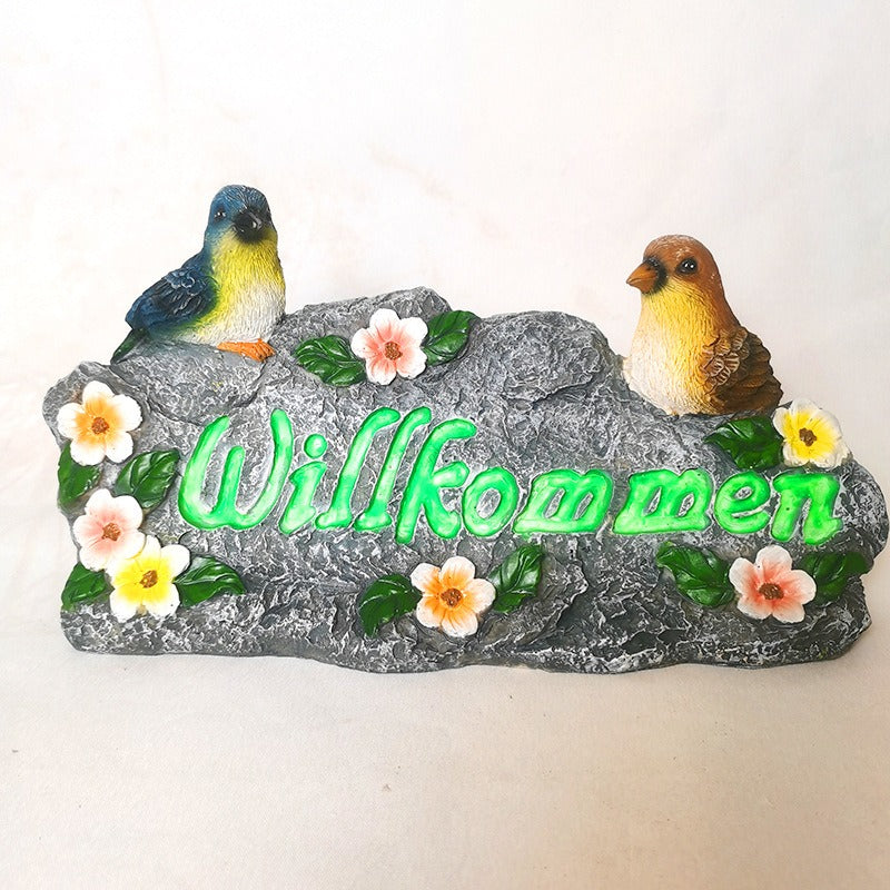 Garden Welcome Stone with Painted Birds and Flowers