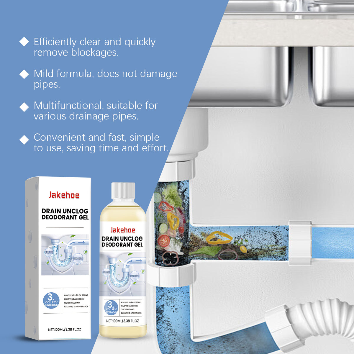 Drain Unclogging Gel for Slow Pipes and Drain Odors