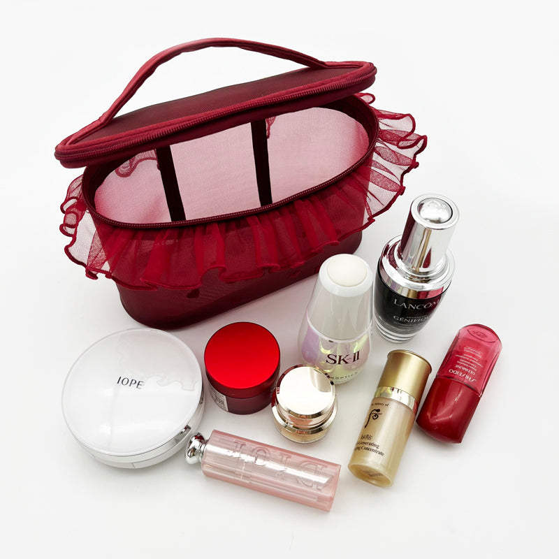 Sheer Mesh Makeup Bag with Lace Trim and Hearts
