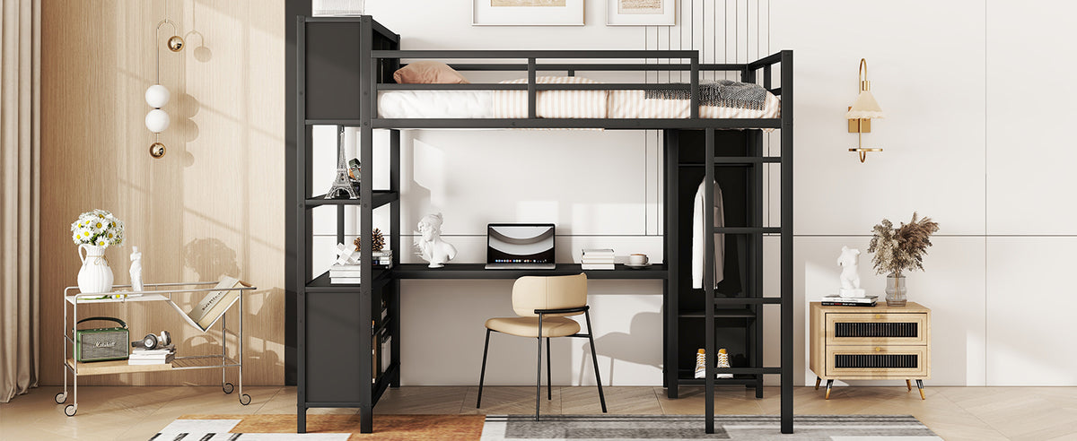 Full-Size Metal Loft Bed with Desk, Wardrobe & Storage
