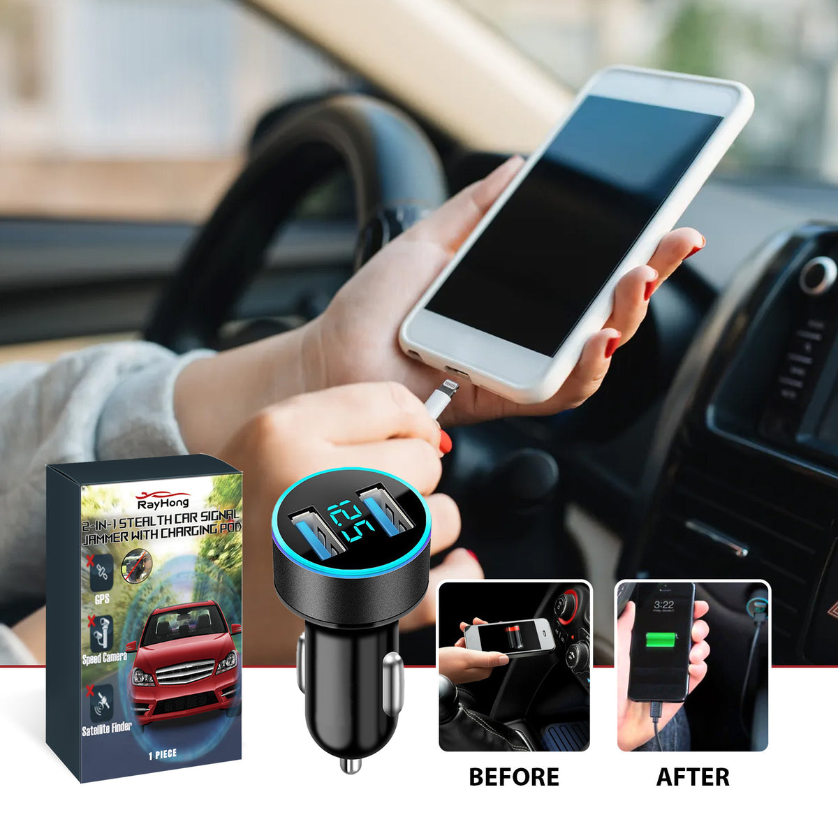 2-in-1 Car Charger with Dual USB Digital Display Accessory
