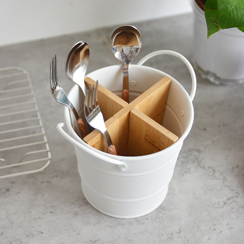 Metal Utensil Bucket with Bamboo Dividers for Kitchen