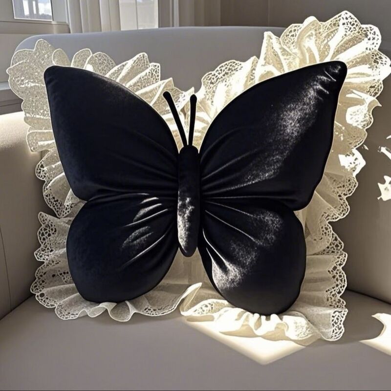 Butterfly Princess Velvet Throw Pillow with Lace Ruffle