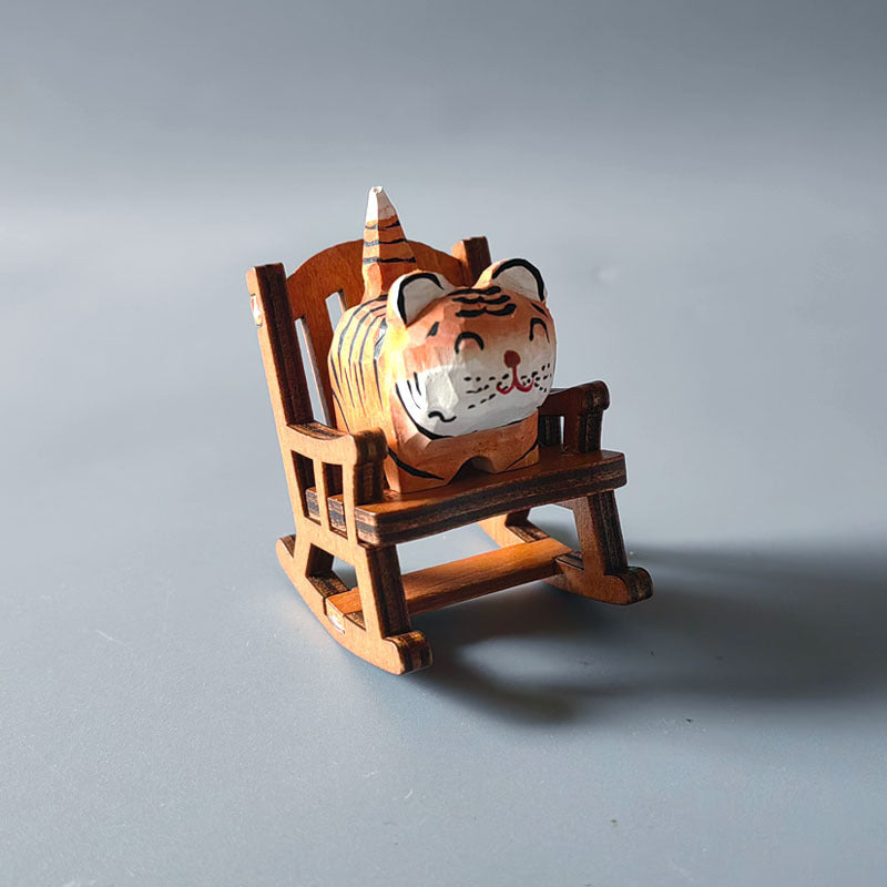 Wooden Animal Ornament with Mini Rocking Chair Decor