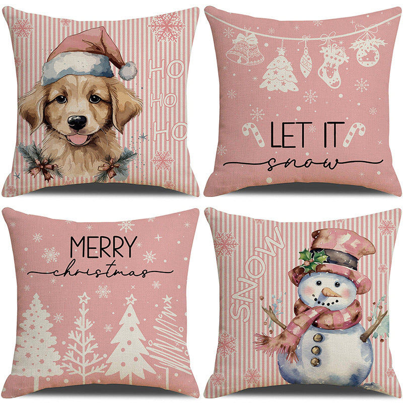 Pink Christmas Snowman Pillow Cover, Holiday Sofa Cushion