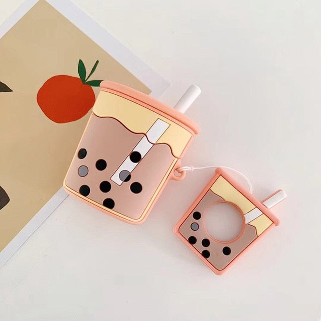 Cute Bubble Tea AirPods Case Silicone Cover with Strap