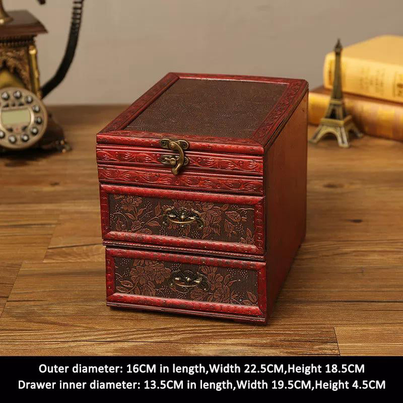 Vintage Wooden Jewelry Box with Brass Latch and Drawers