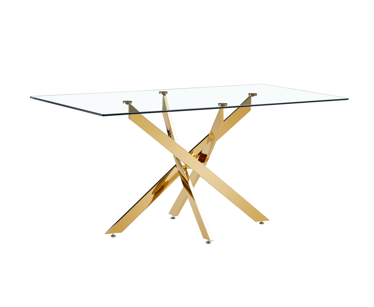 Clear Glass Dining Table with Gold X-Base