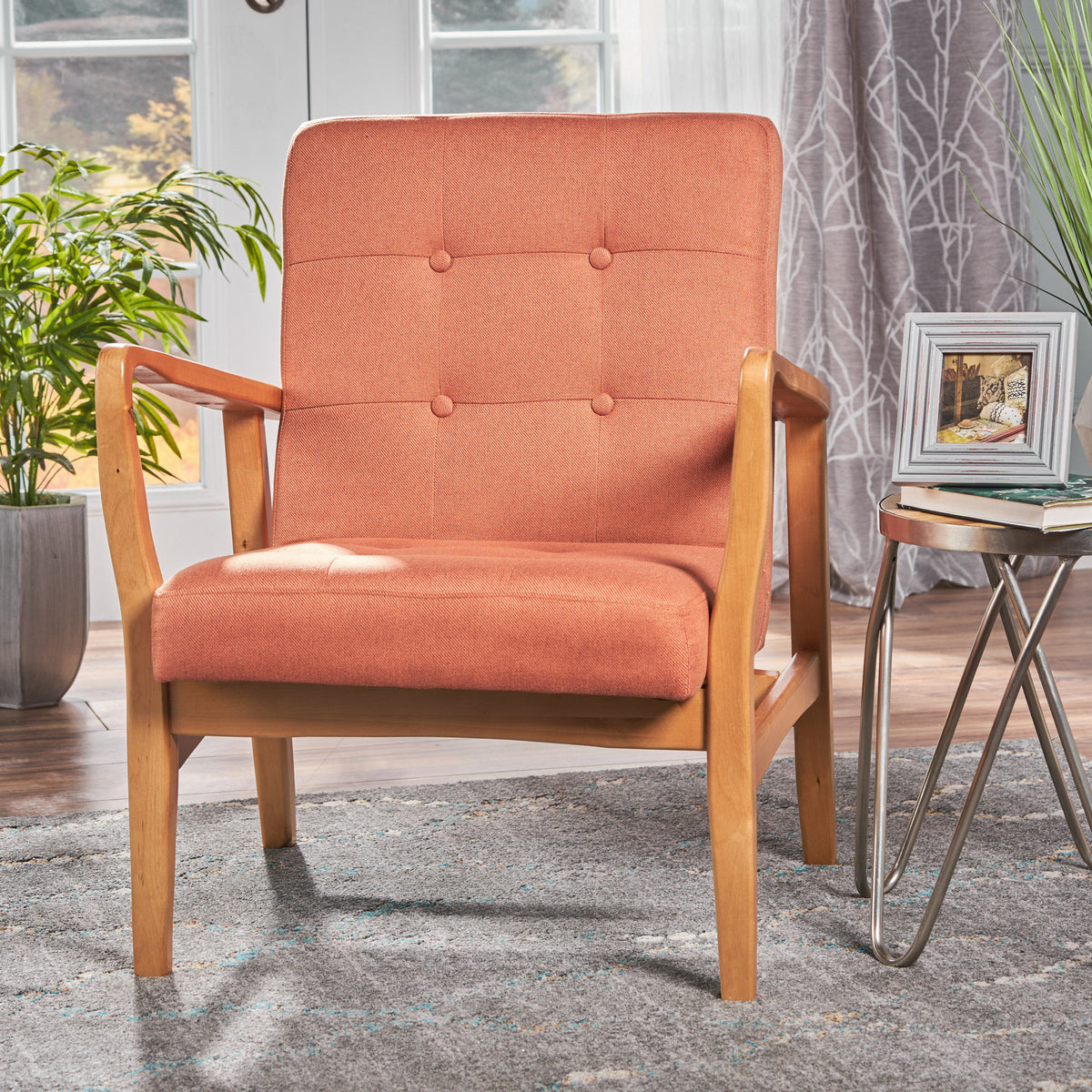 Mid-Century Accent Chair, Tufted Terracotta Linen-Look