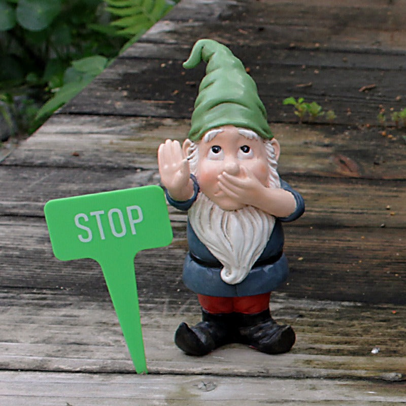 Hush Garden Gnome with STOP Sign Plant Stake