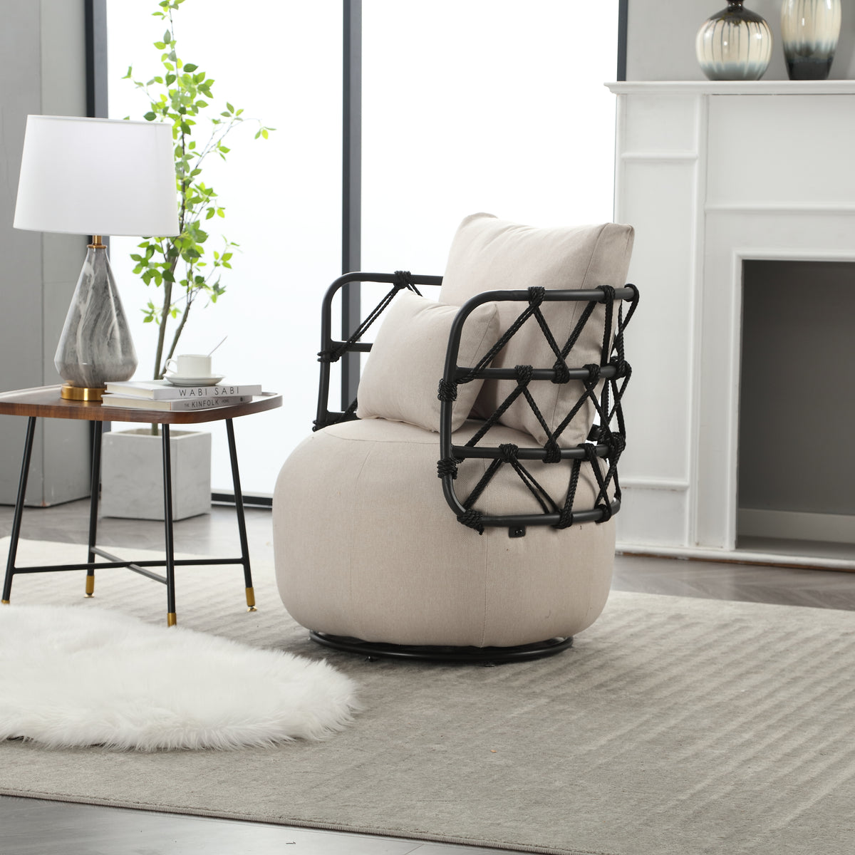 Tufted Linen Swivel Accent Chair with Rope Metal Frame