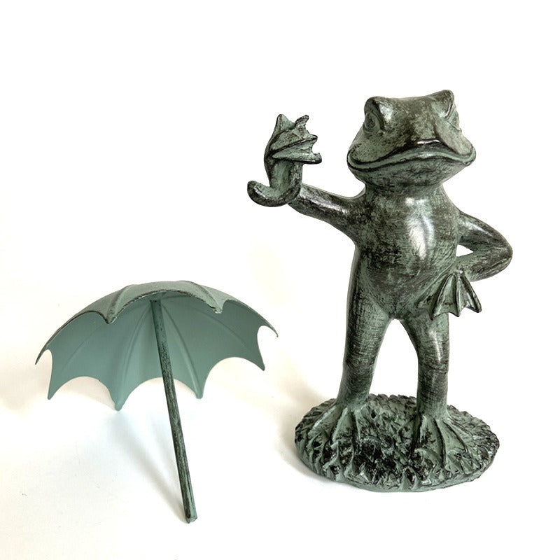 Verdigris Resin Frog Garden Statue with Umbrella Decor