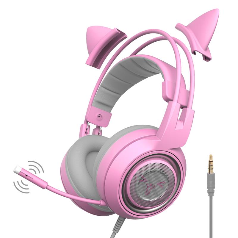 Pink Cat-Ear Gaming Headset with Mic and 7.1 Surround