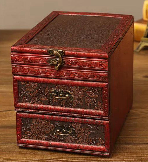 Vintage Wooden Jewelry Box with Brass Latch and Drawers