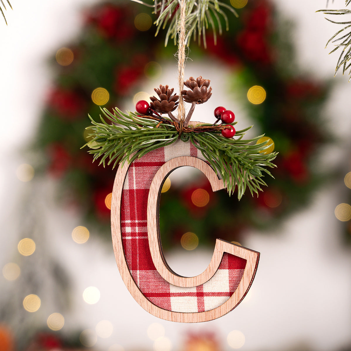 Plaid Letter Christmas Ornament - Rustic Wood Tree Decor