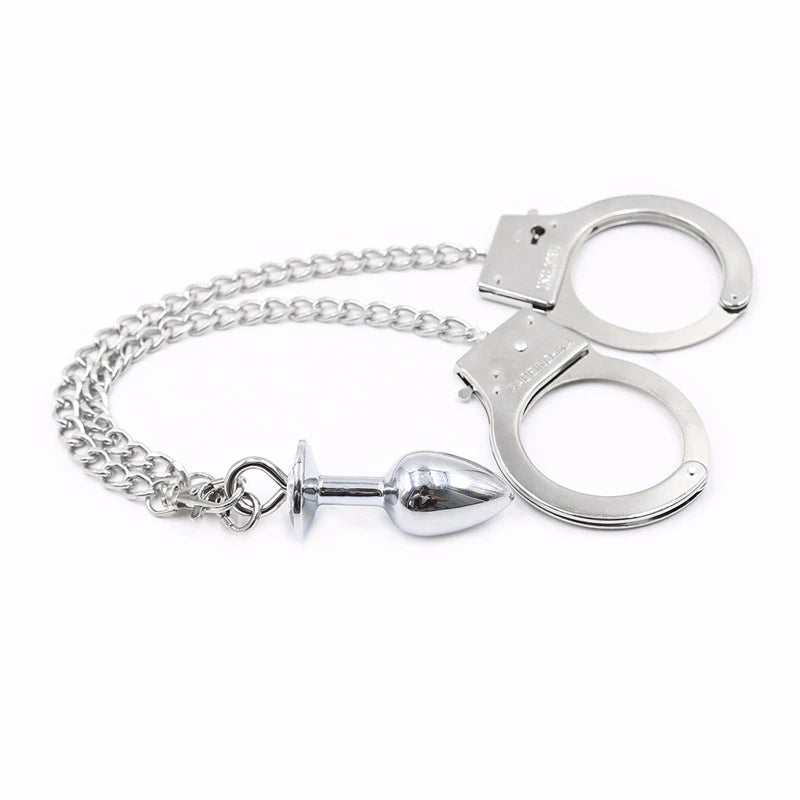 Metal Bondage Handcuffs with Anal Plug for Shared Play