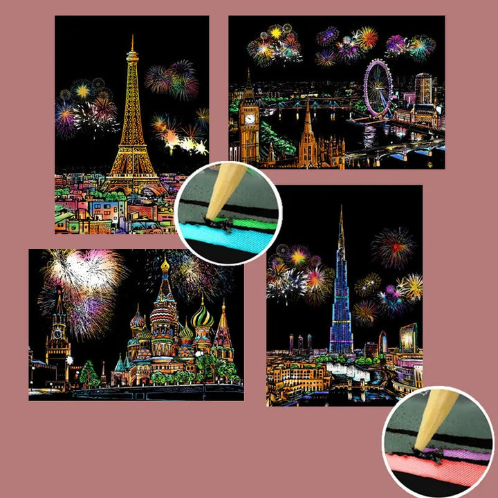 Scratch Art Night Scene Cards for Stress-Relief Drawing