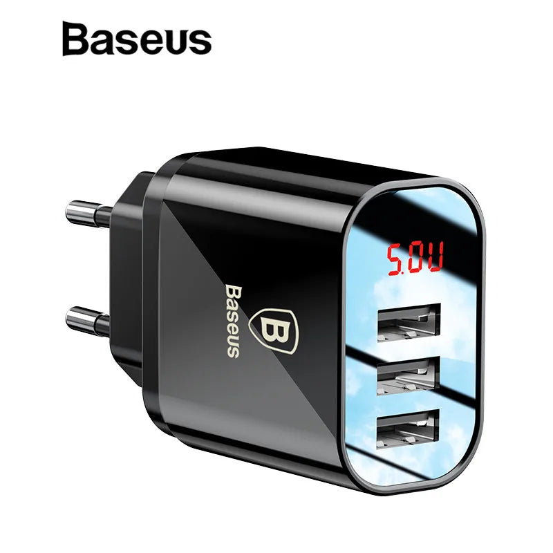 Baseus 3-USB Wall Charger With LED Display, 3.4A Fast
