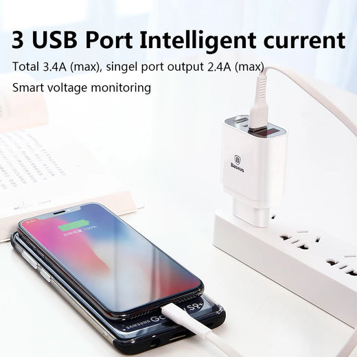 3-Port USB Wall Charger with LED Display, 3.4A Fast Charging