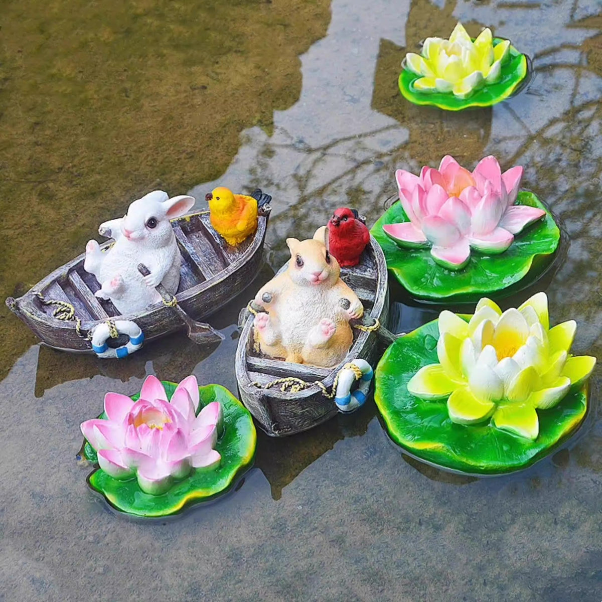 Floating Rabbit Boat Ornament for Whimsical Garden Ponds