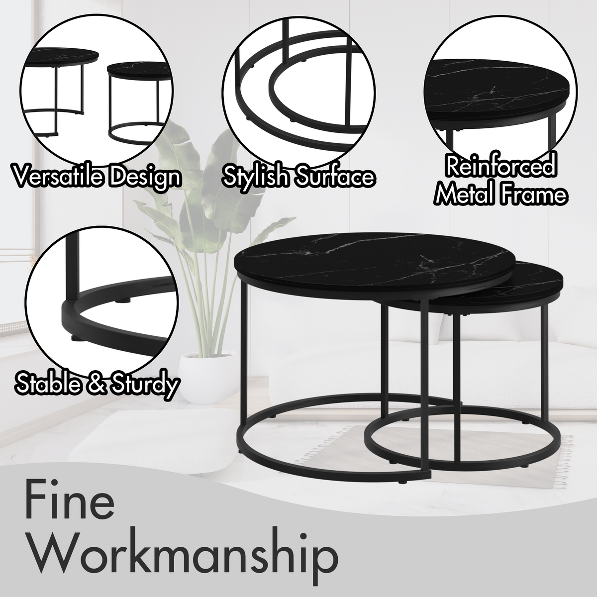 Nesting Round Coffee Table Set with Marble-Look Top