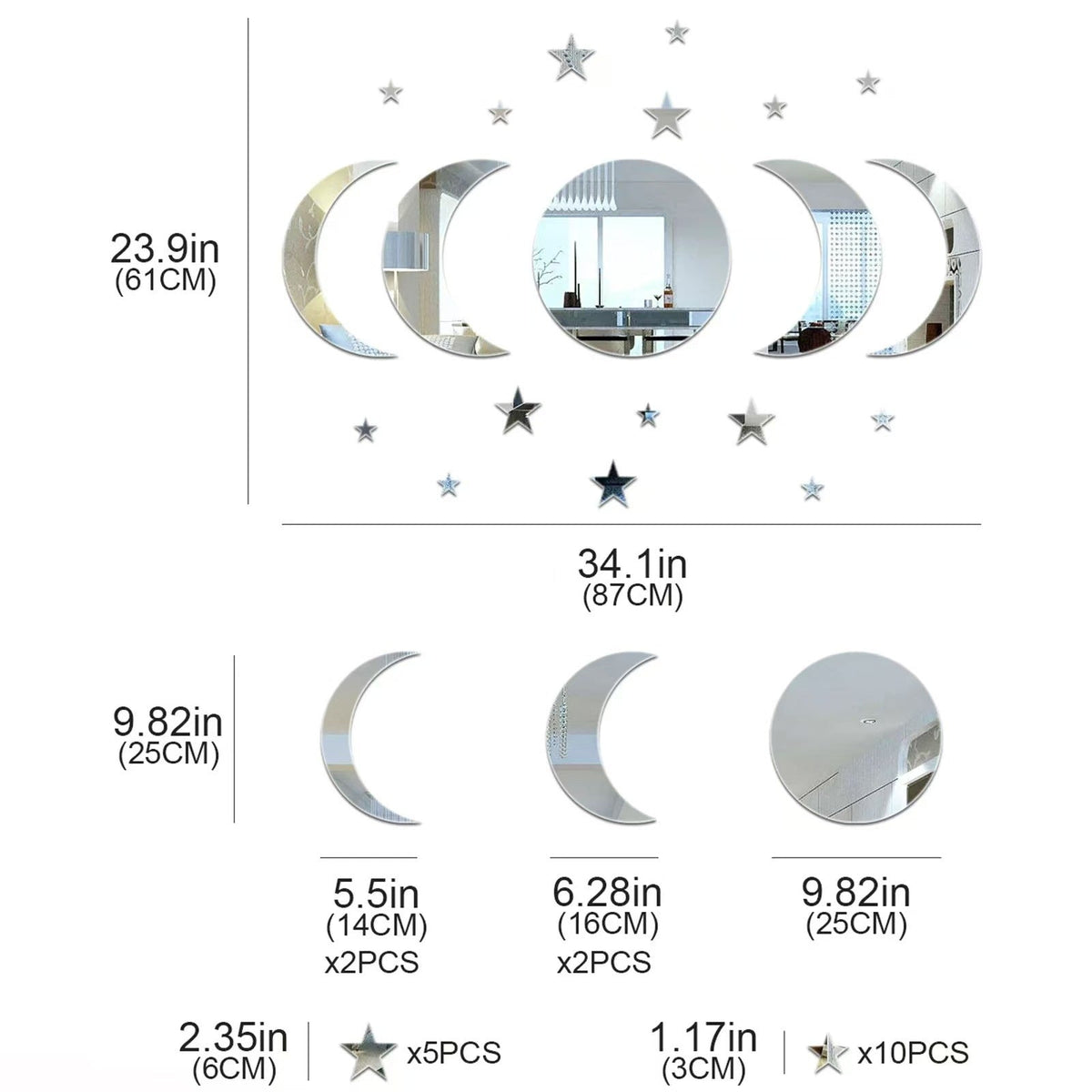 Acrylic Moon Wall Stickers for Reflective Celestial Decor