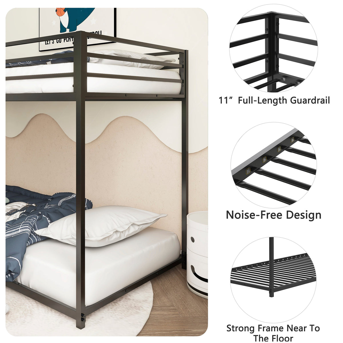 Twin Over Twin Metal Bunk Bed for Two Kids, Matte Black