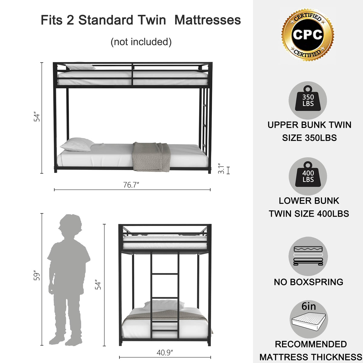 Twin Over Twin Metal Bunk Bed for Two Kids, Matte Black