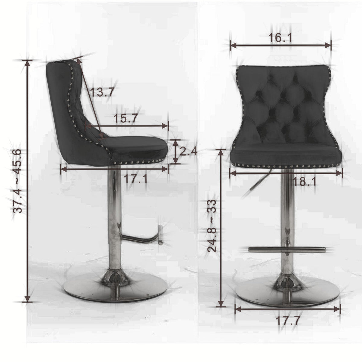 Tufted Velvet Bar Stool, Adjustable 25-33 Inch Height