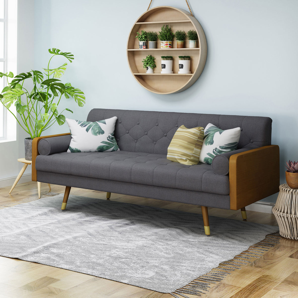 Mid-Century Modern Tufted Sofa in Grey Linen Fabric