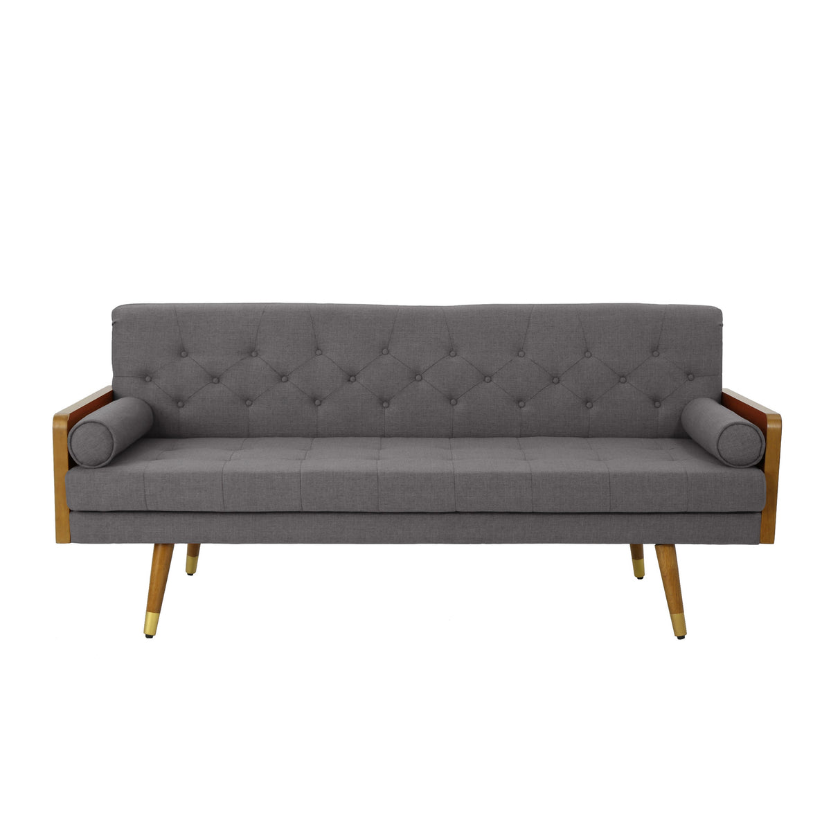 Mid-Century Modern Tufted Sofa in Grey Linen Fabric
