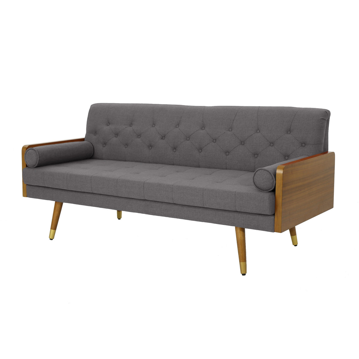 Mid-Century Modern Tufted Sofa in Grey Linen Fabric