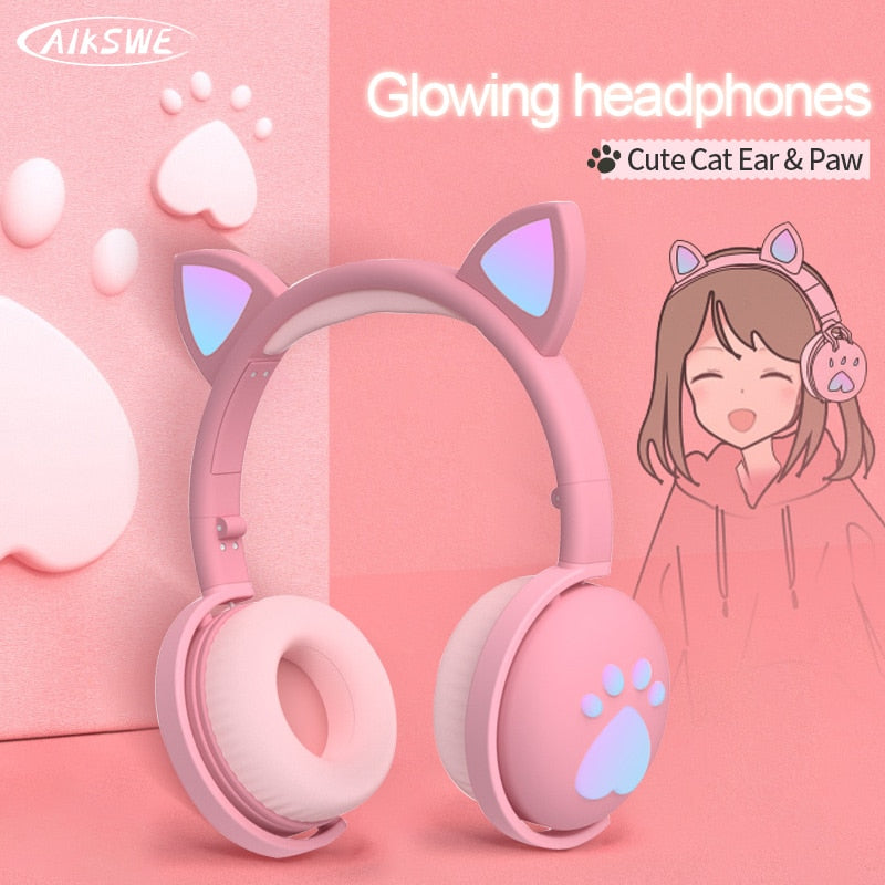 Glowing Cat Ear Bluetooth Headphones for Girls & Kids