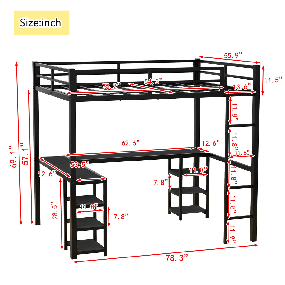 Full-Size Metal Loft Bed with Desk and Shelf Storage