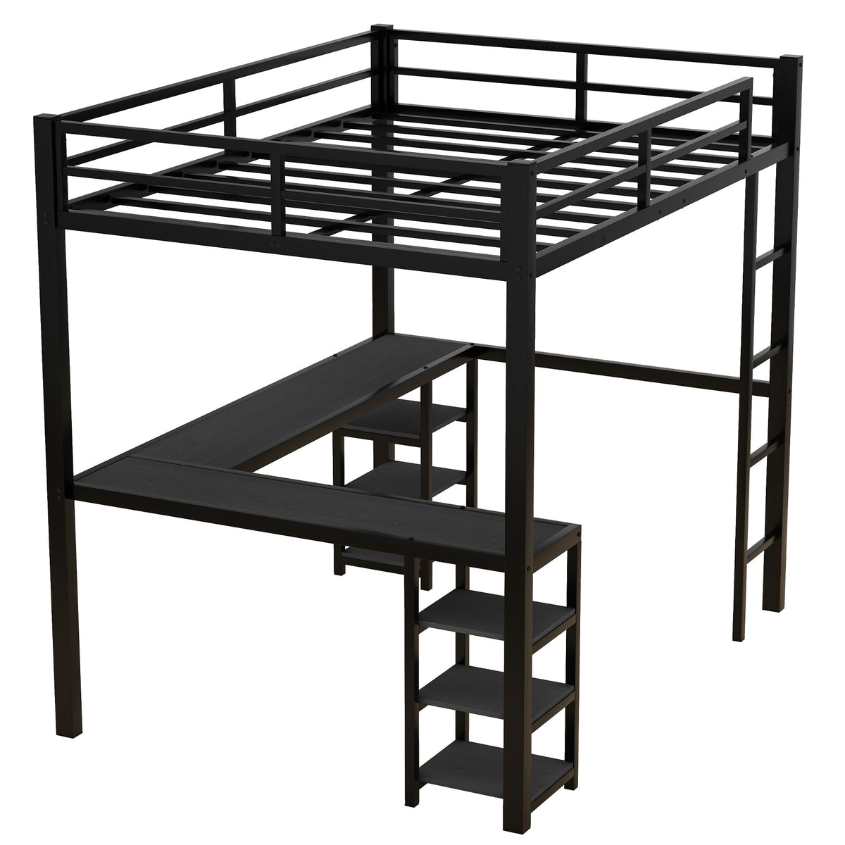 Full-Size Metal Loft Bed with Desk and Shelf Storage