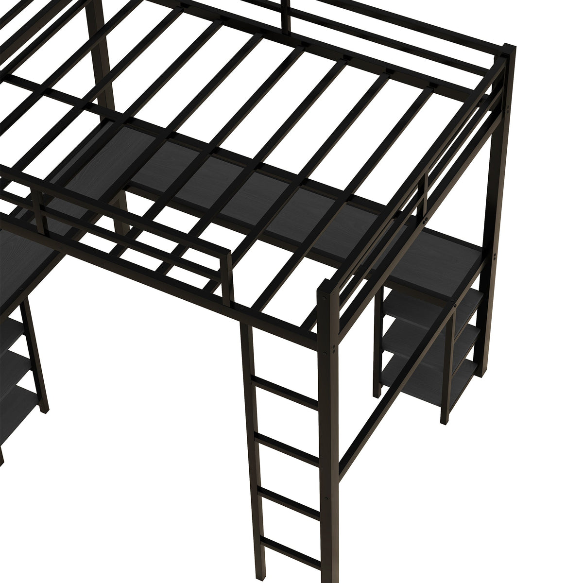 Full-Size Metal Loft Bed with Desk and Shelf Storage