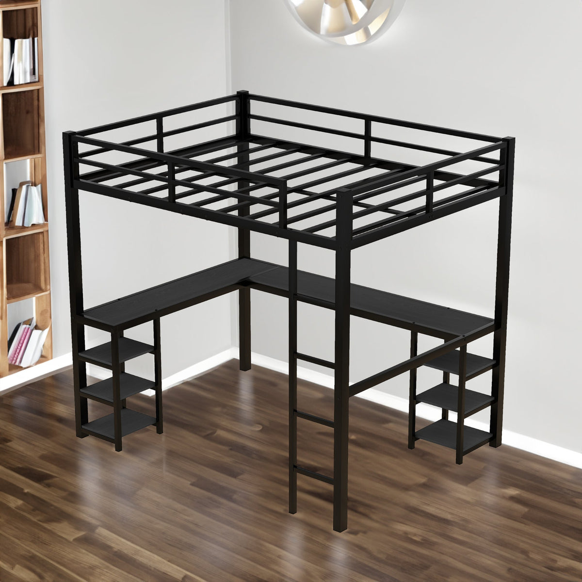 Full-Size Metal Loft Bed with Desk and Shelf Storage