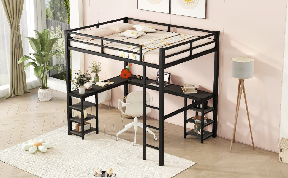 Full-Size Metal Loft Bed with Desk and Shelf Storage