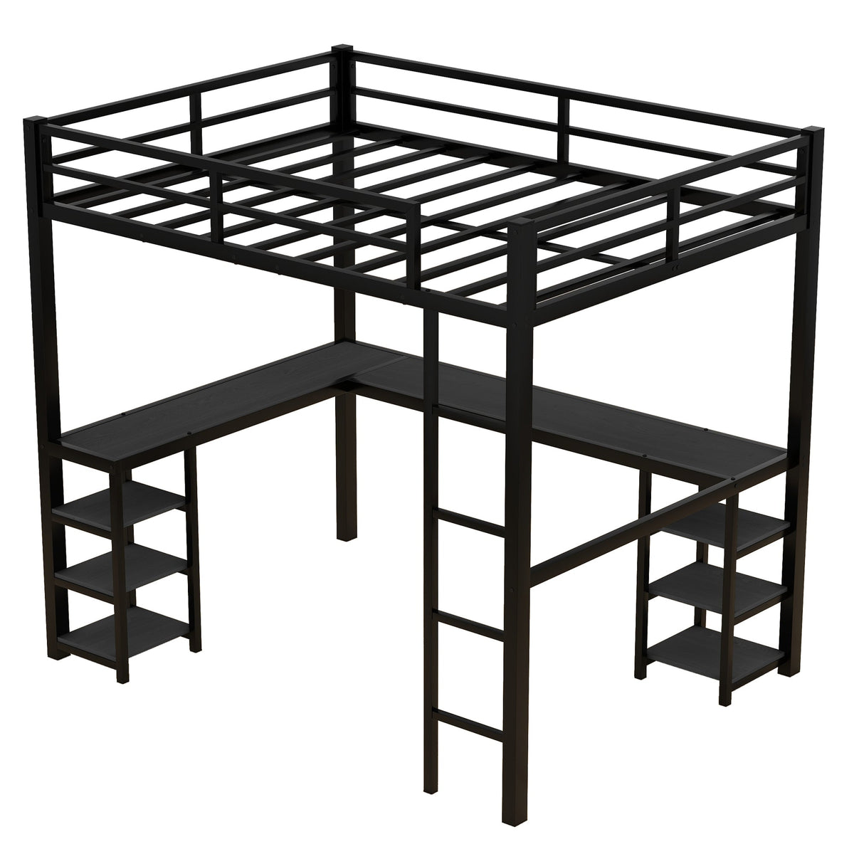 Full-Size Metal Loft Bed with Desk and Shelf Storage