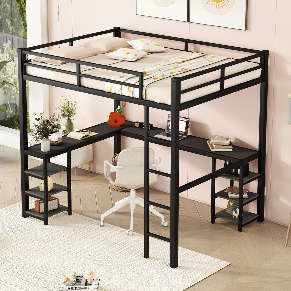 Full-Size Metal Loft Bed with Desk and Shelf Storage