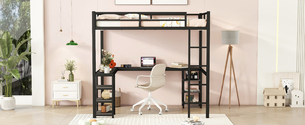Full-Size Metal Loft Bed with Desk and Shelf Storage
