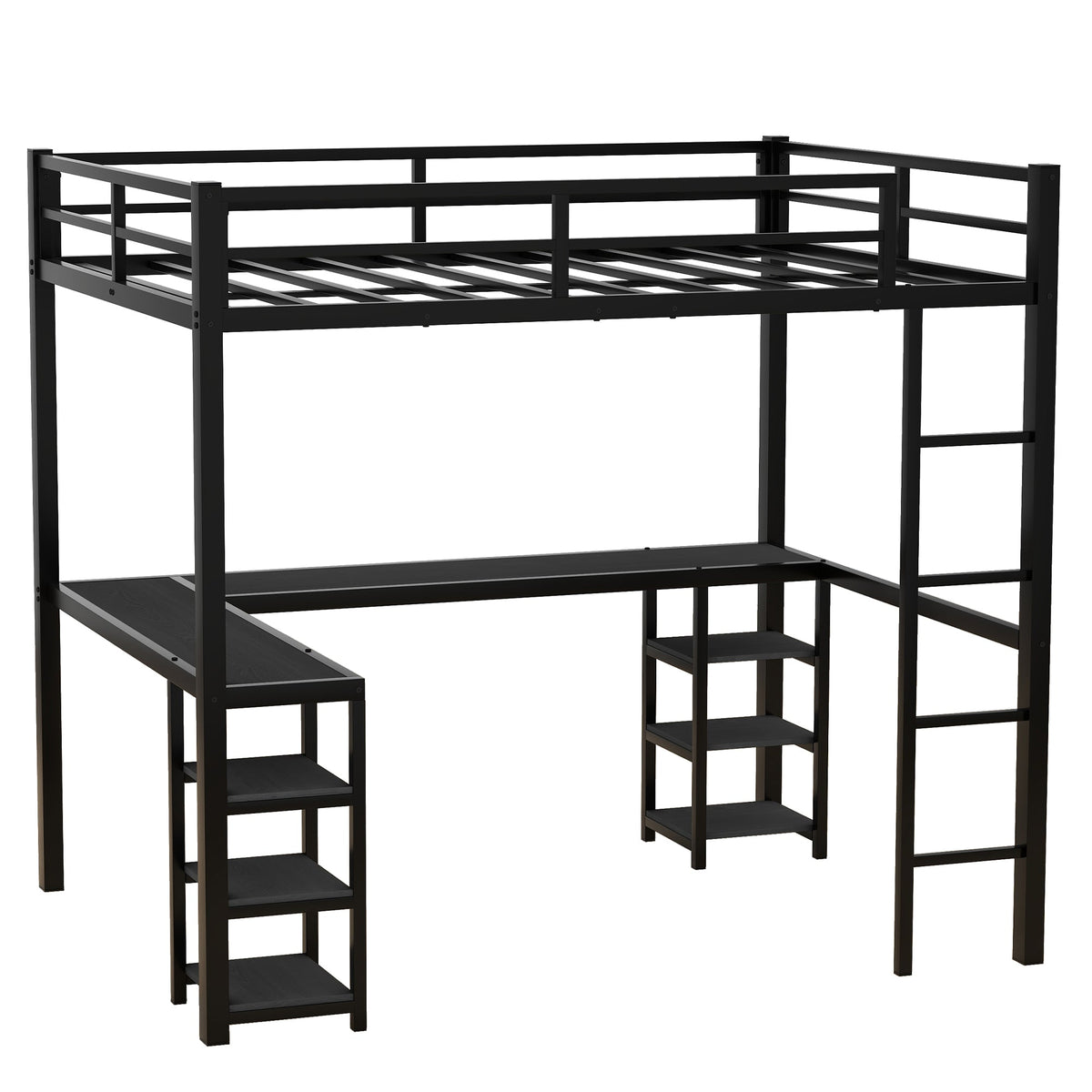 Full-Size Metal Loft Bed with Desk and Shelf Storage