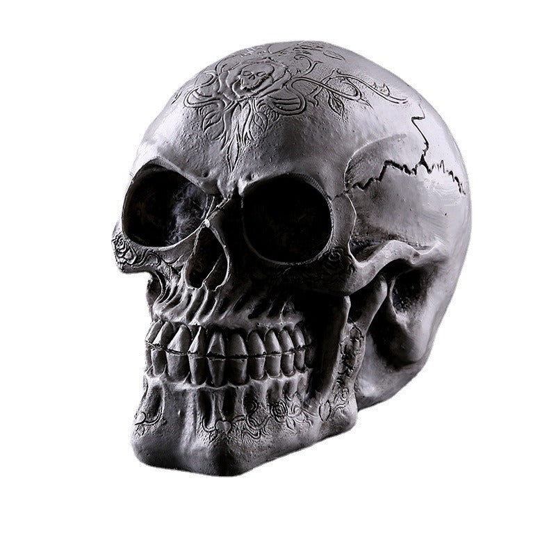 Resin Skull Ornament With Aged-Metal Gothic Details