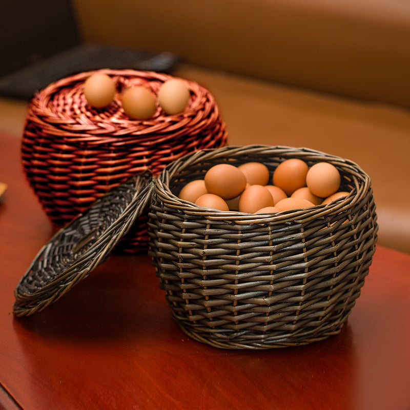 Rattan Egg Basket with Lid for Retro Kitchen Storage