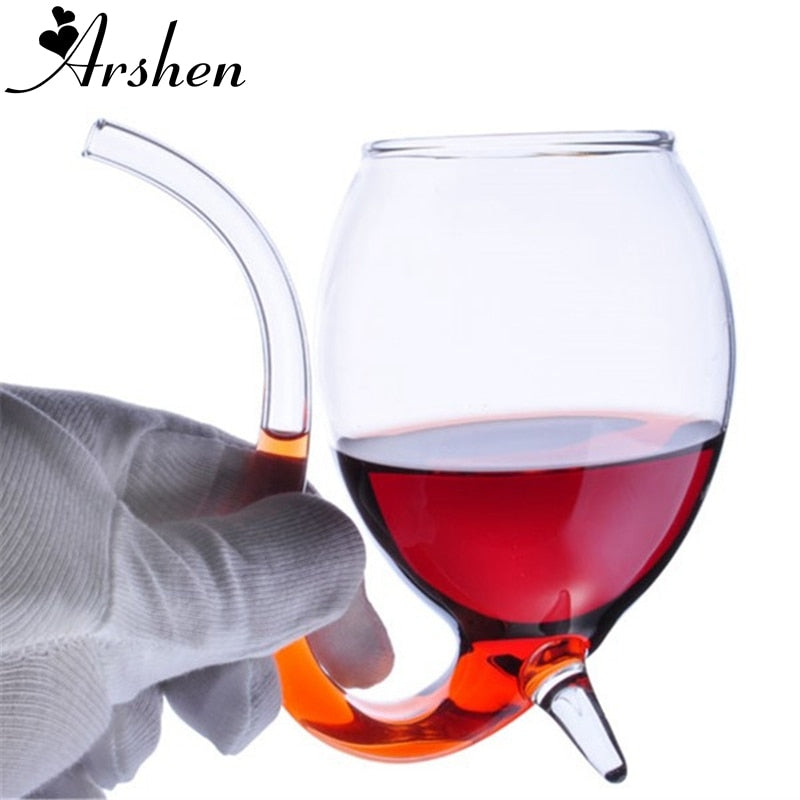Wine Goblet Coffee Mug with Built-in Straw, 300ml Glass