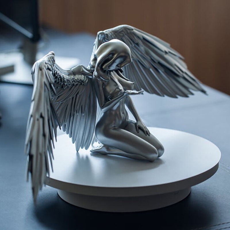 Kneeling Angel Ornament With Detailed Silver Feathered Wings