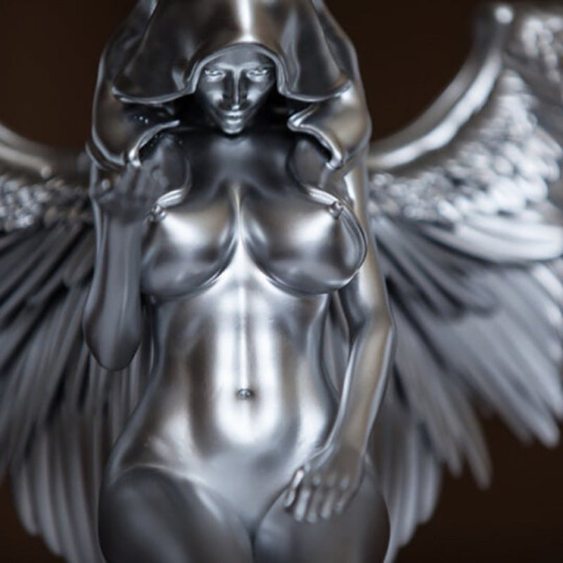 Kneeling Angel Ornament With Detailed Silver Feathered Wings